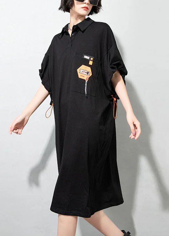 Simple Black drawstring pockets Peter Pan Collar Dresses Half Sleeve - Image 4