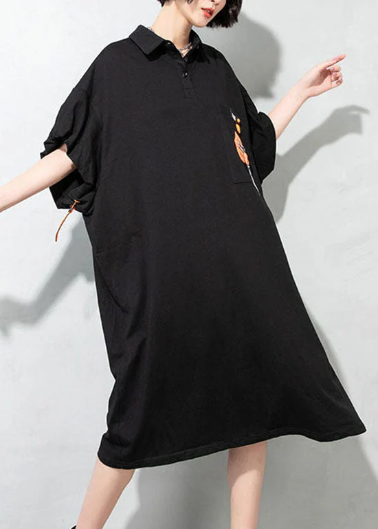 Simple Black drawstring pockets Peter Pan Collar Dresses Half Sleeve - Image 5