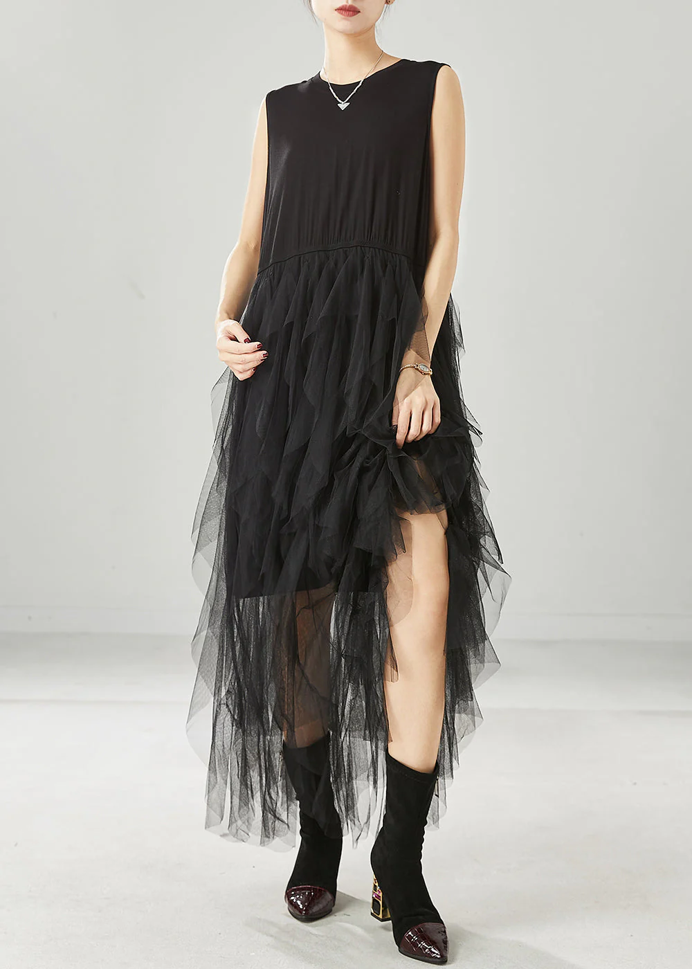 Simple Black Exra Large Hem Tulle Beach Dresses Sleeveless - Image 2
