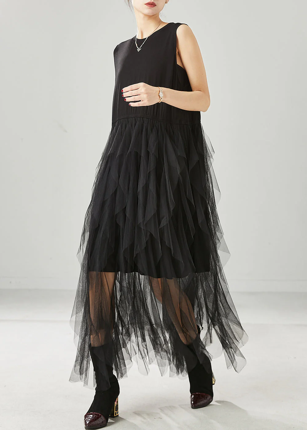 Simple Black Exra Large Hem Tulle Beach Dresses Sleeveless - Image 3