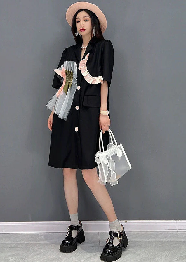 Simple Black Notched Collar Ruffled Tulle Patchwork Mid Dress Short Sleeve - Image 3