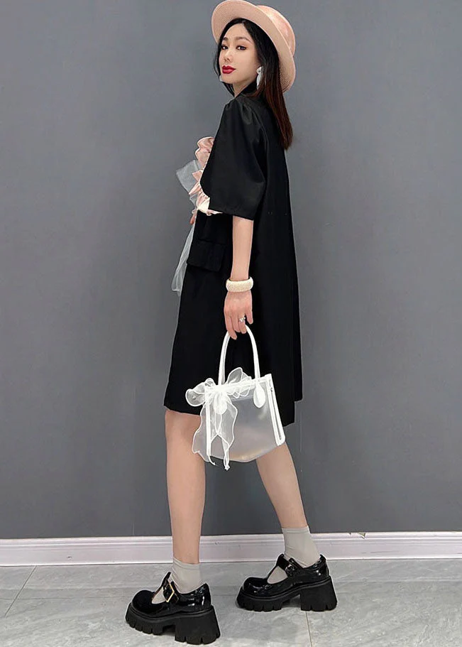 Simple Black Notched Collar Ruffled Tulle Patchwork Mid Dress Short Sleeve - Image 4