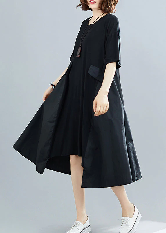Simple Black O-Neck Asymmetrical Patchwork Dresses Short Sleeve - Image 4