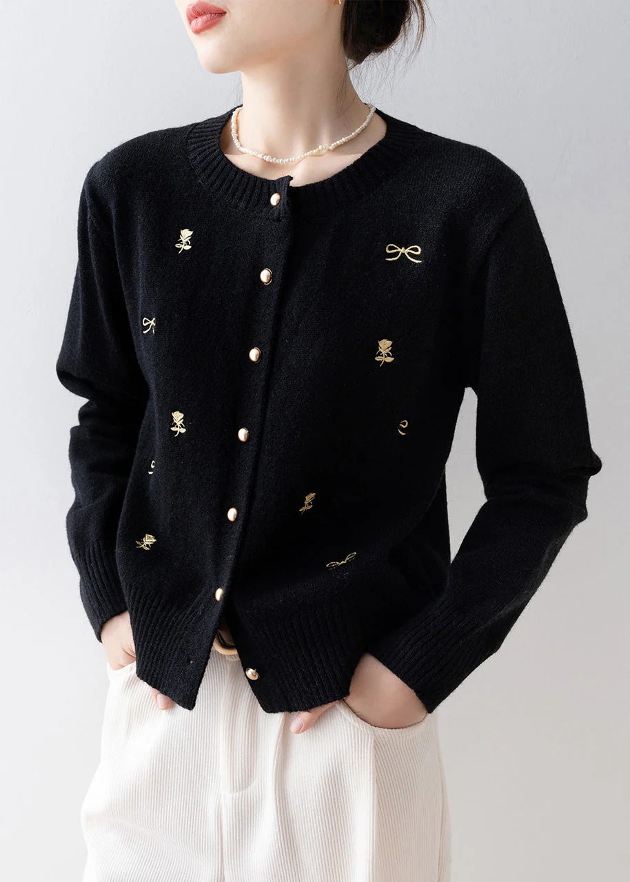 Simple Black O-Neck Embroidered Knit Cardigans Winter - Image 5