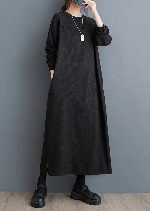 Simple Black O Neck Plus Size Cotton Long Dress Fall - Image 2
