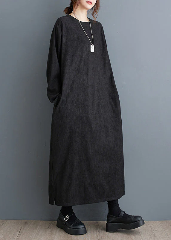 Simple Black O Neck Plus Size Cotton Long Dress Fall - Image 3