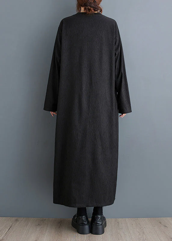 Simple Black O Neck Plus Size Cotton Long Dress Fall - Image 4