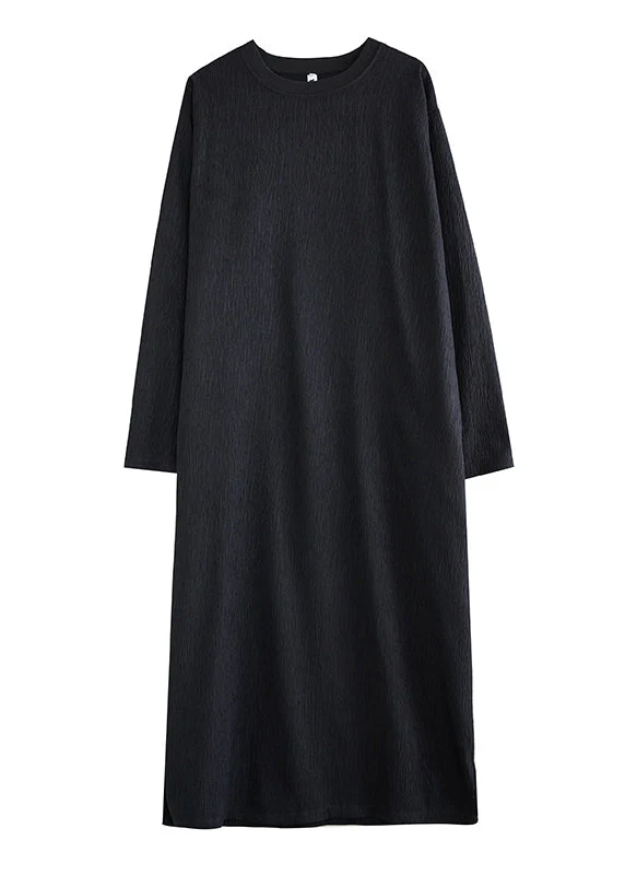 Simple Black O Neck Plus Size Cotton Long Dress Fall - Image 5