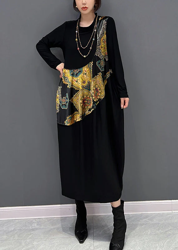 Simple Black O-Neck Print Vacation Dresses Fall - Image 2