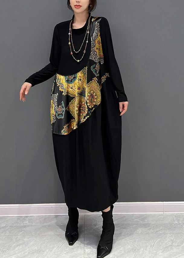 Simple Black O-Neck Print Vacation Dresses Fall - Image 3