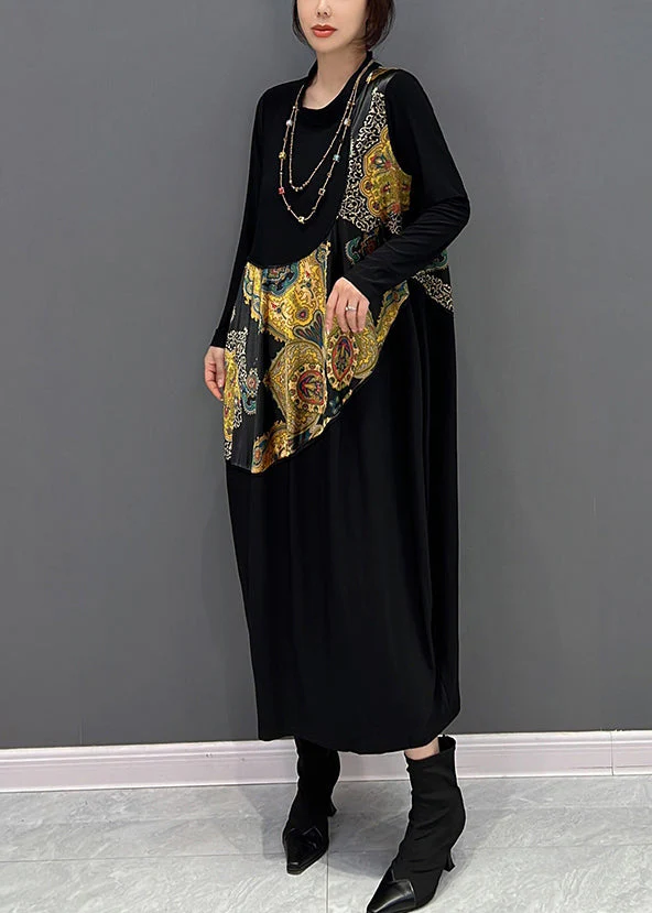 Simple Black O-Neck Print Vacation Dresses Fall - Image 4