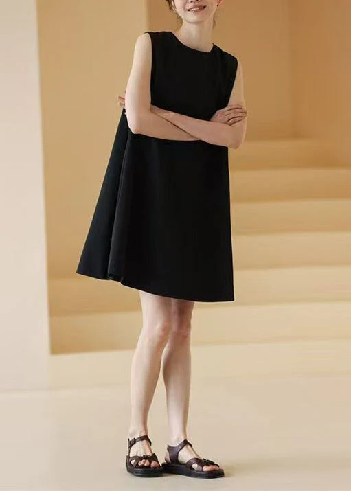 Simple Black O Neck Solid Pockets Cotton Mid Dress Sleeveless