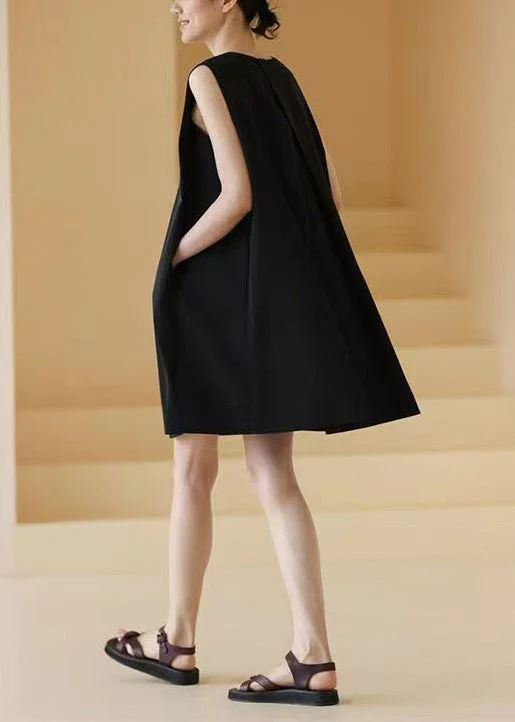 Simple Black O Neck Solid Pockets Cotton Mid Dress Sleeveless - Image 2