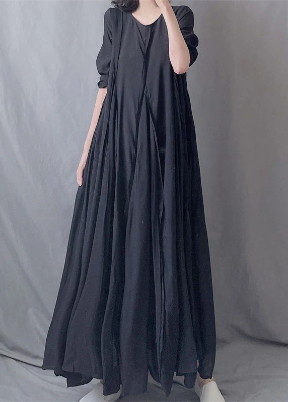 Simple Black O Neck Wrinkled Patchwork Cotton Exra Large Hem Long Dresses Fall - Image 2