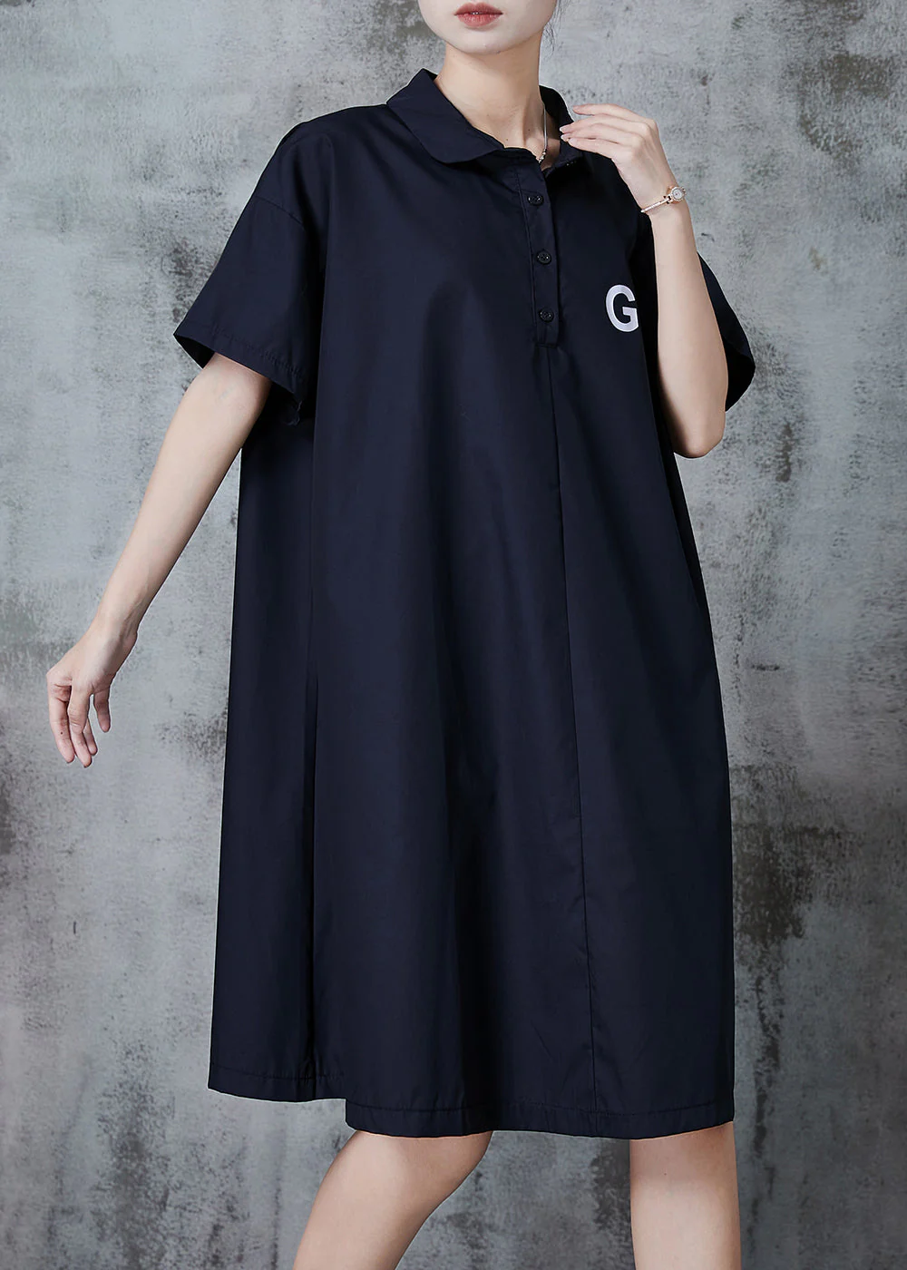 Simple Black Oversized GO Print Cotton Shirt Dress Spring - Image 3