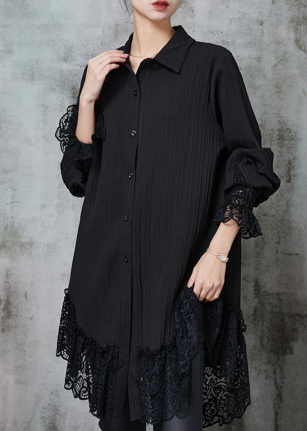 Simple Black Oversized Patchwork Lace Chiffon Dresses Spring - Image 2