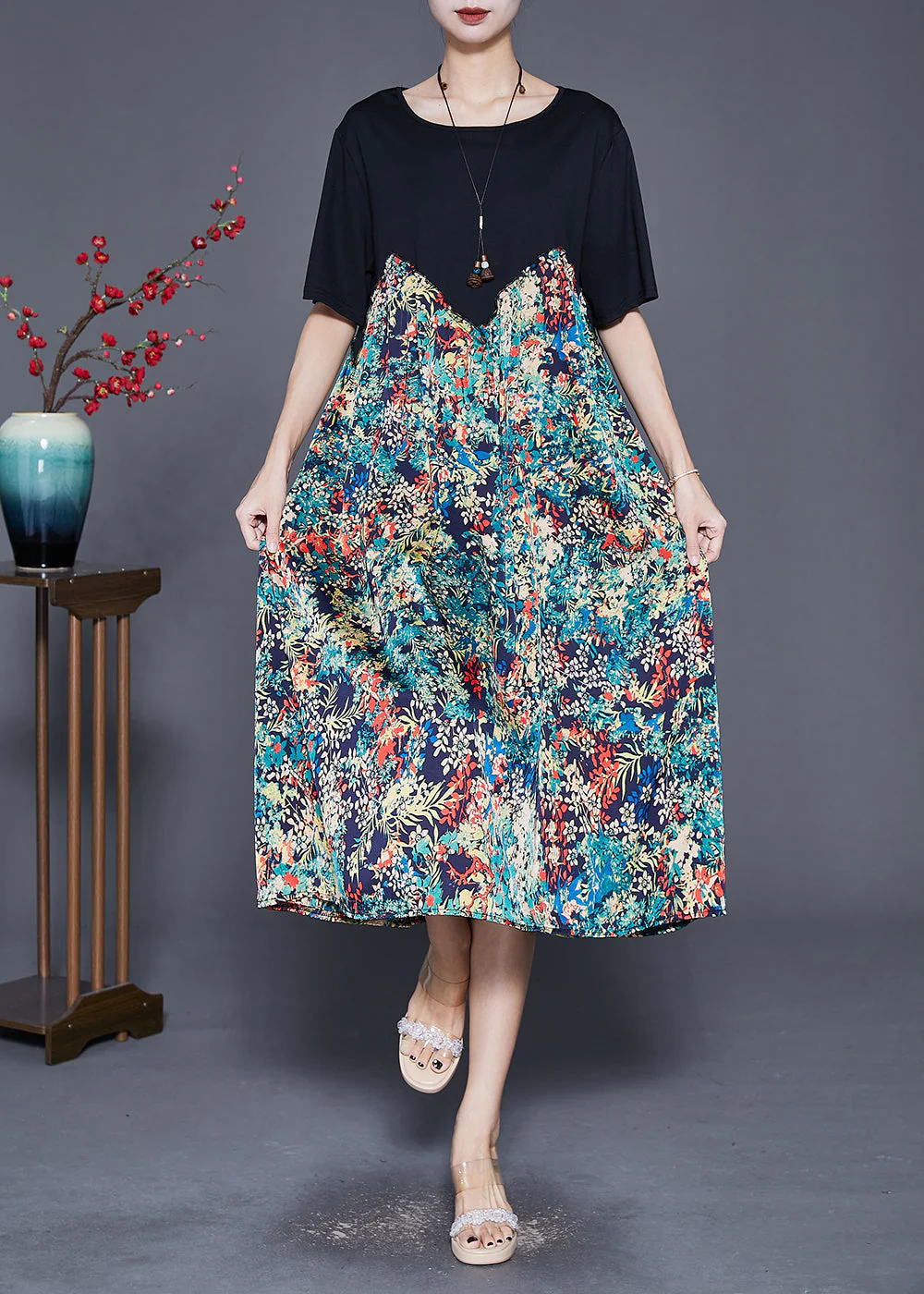 Simple Black Oversized Patchwork Print Silk Long Dresses Summer - Image 2