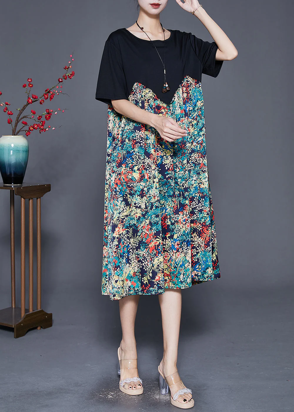 Simple Black Oversized Patchwork Print Silk Long Dresses Summer - Image 3