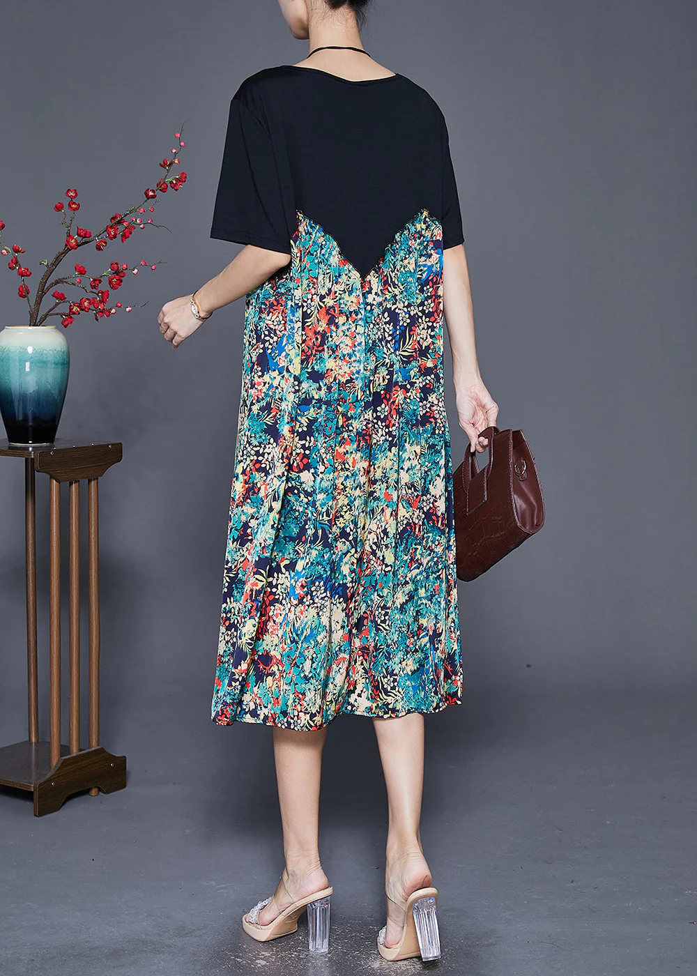 Simple Black Oversized Patchwork Print Silk Long Dresses Summer - Image 4