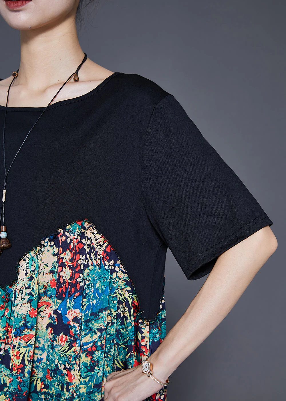 Simple Black Oversized Patchwork Print Silk Long Dresses Summer - Image 5