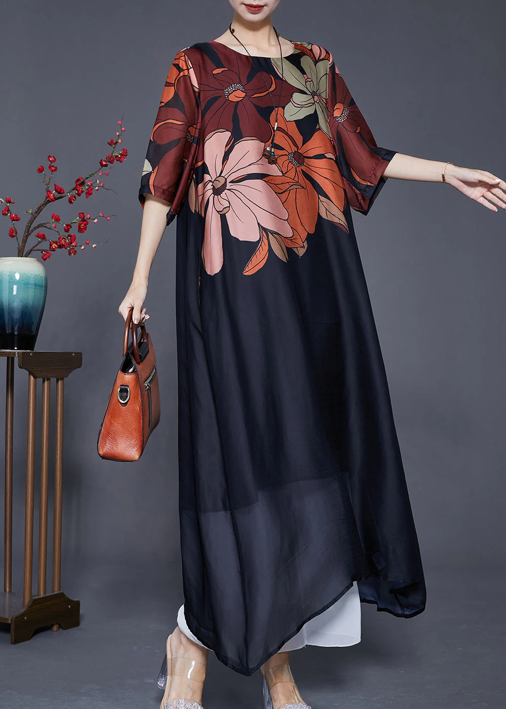 Simple Black Oversized Print Silk Maxi Dresses Summer - Image 2