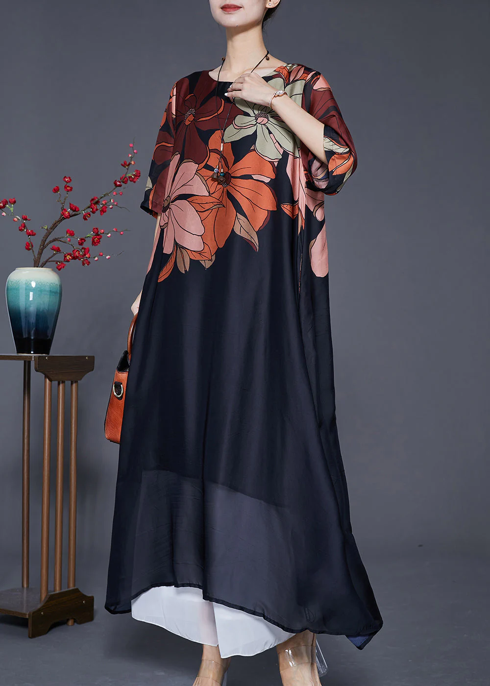 Simple Black Oversized Print Silk Maxi Dresses Summer - Image 3