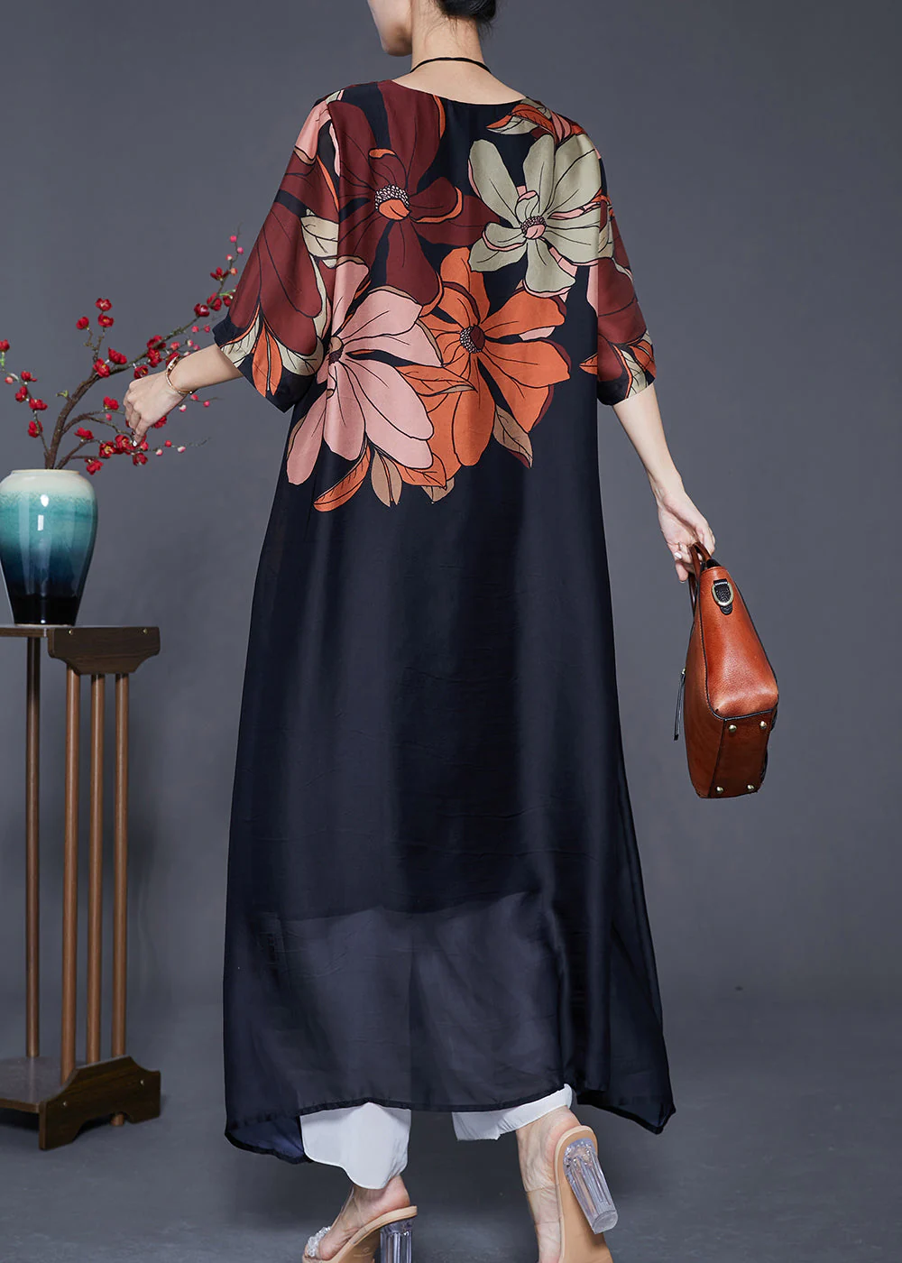 Simple Black Oversized Print Silk Maxi Dresses Summer - Image 4