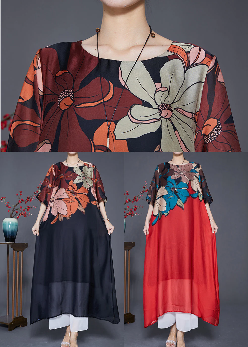 Simple Black Oversized Print Silk Maxi Dresses Summer - Image 5