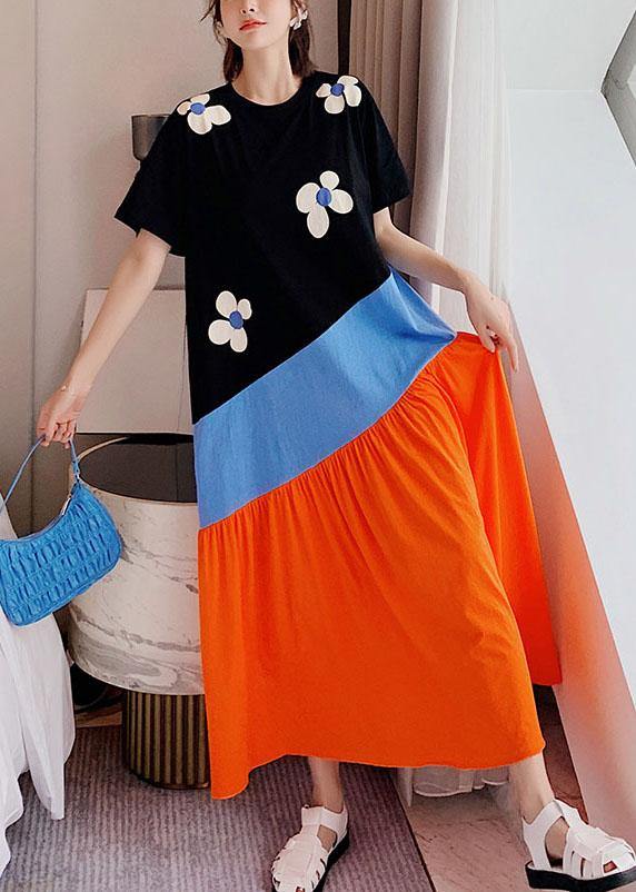 Simple Black Patchwork Print Summer Casual Holiday Dress Short Sleeve - Image 3