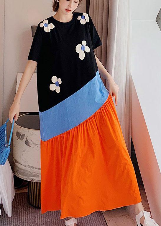 Simple Black Patchwork Print Summer Casual Holiday Dress Short Sleeve - Image 4