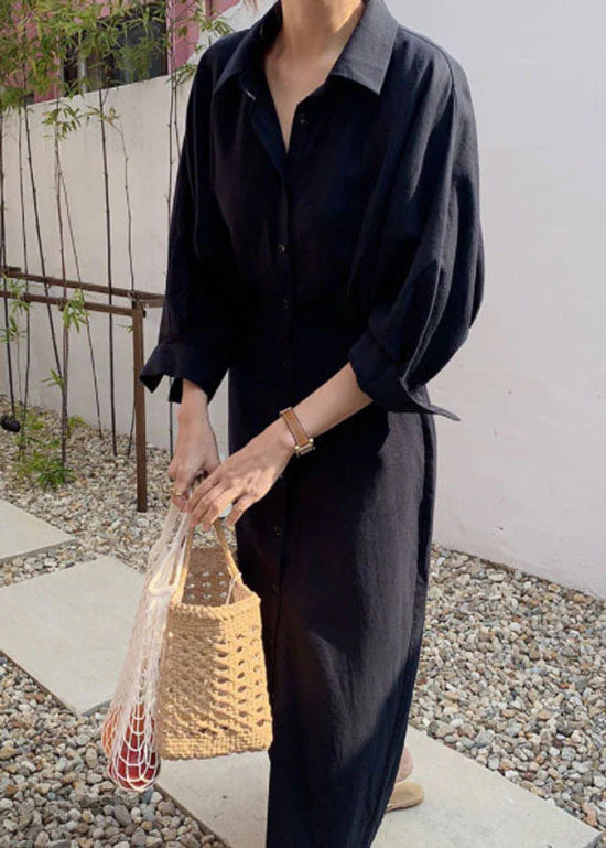 Simple Black Peter Pan Collar Tie Waist Cotton Long Dress Spring - Image 2