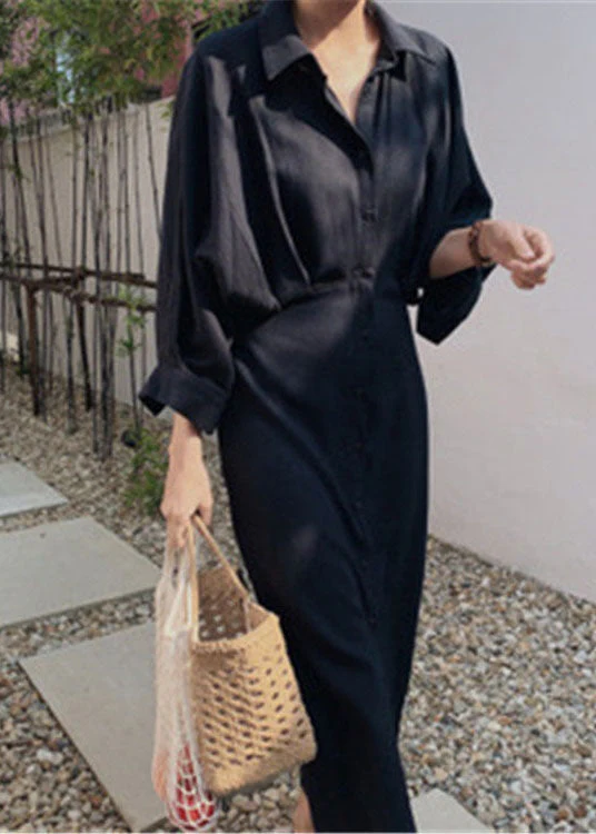 Simple Black Peter Pan Collar Tie Waist Cotton Long Dress Spring - Image 3