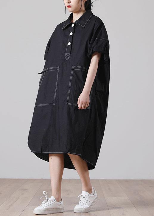 Simple Black Pockets Cotton long shirts Summer Dress - Image 3