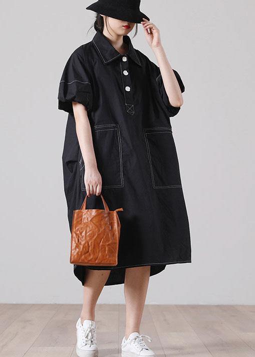 Simple Black Pockets Cotton long shirts Summer Dress - Image 4