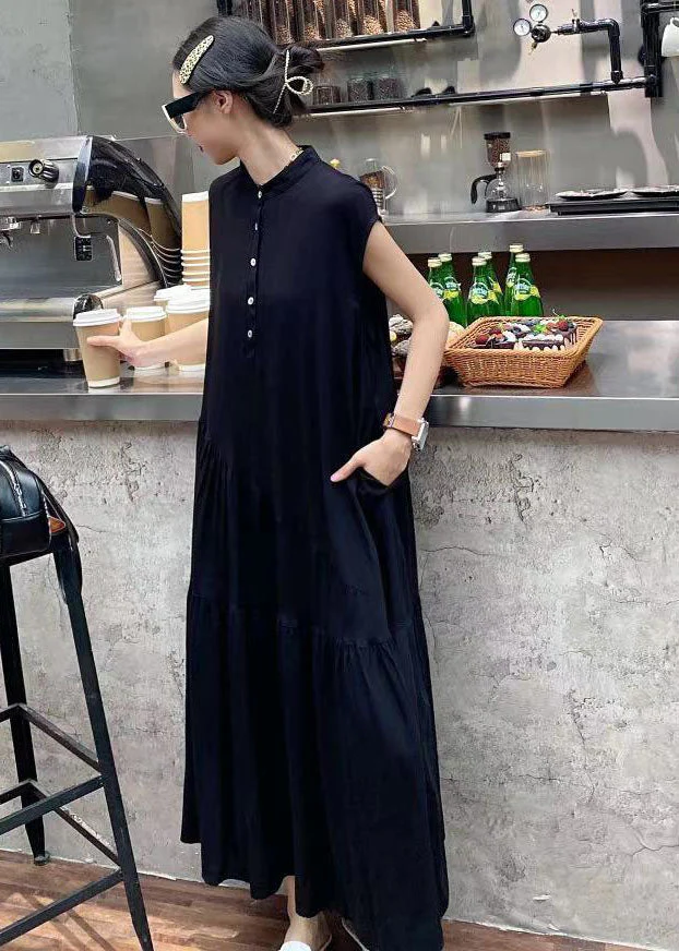 Simple Black Stand Collar Patchwork Wrinkled Cotton Dress Sleeveless - Image 3