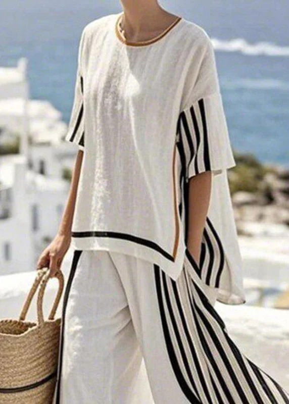 Simple Black Striped Side Open T Shirts And Wide Leg Pants Two Pieces Set Short Sleeve - Image 4