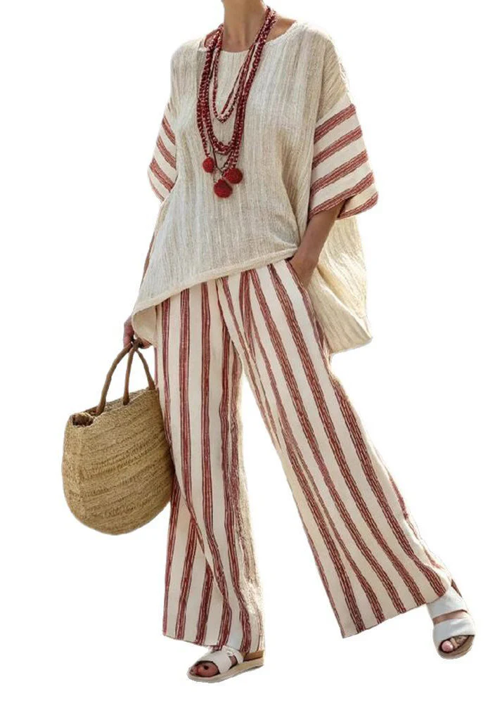 Simple Black Striped Side Open T Shirts And Wide Leg Pants Two Pieces Set Short Sleeve - Image 5