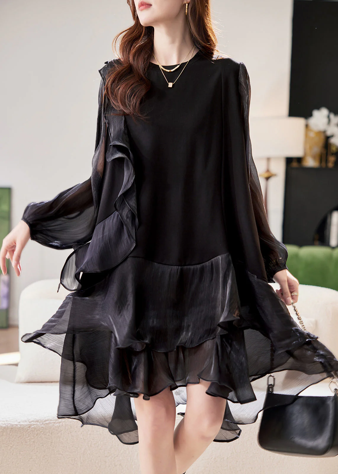 Simple Black Tulle Patchwork Holiday Mid Dress Lantern Sleeve - Image 2
