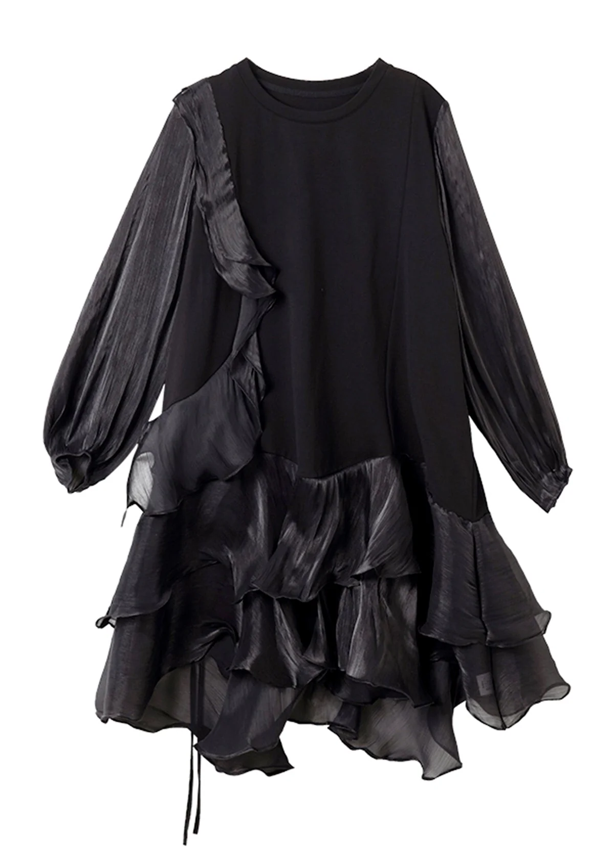 Simple Black Tulle Patchwork Holiday Mid Dress Lantern Sleeve - Image 5