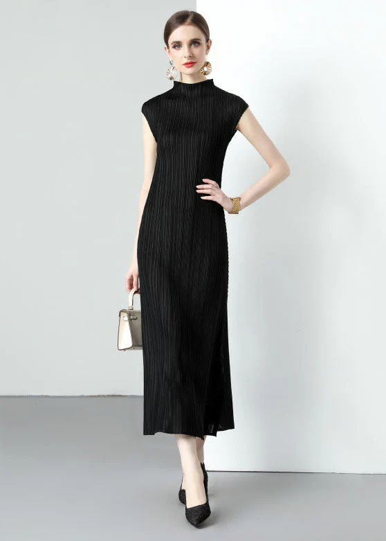 Simple Black Turtleneck Wrinkled Patchwork Chiffon Long Dresses Sleeveless - Image 2