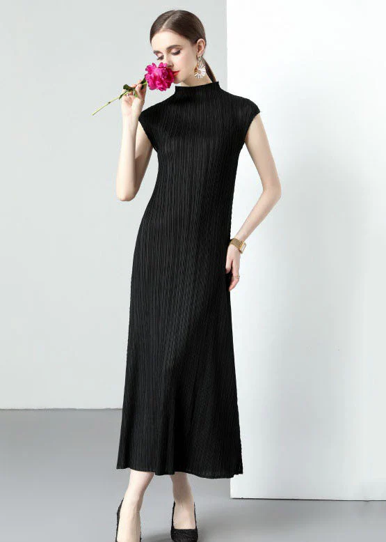 Simple Black Turtleneck Wrinkled Patchwork Chiffon Long Dresses Sleeveless - Image 3