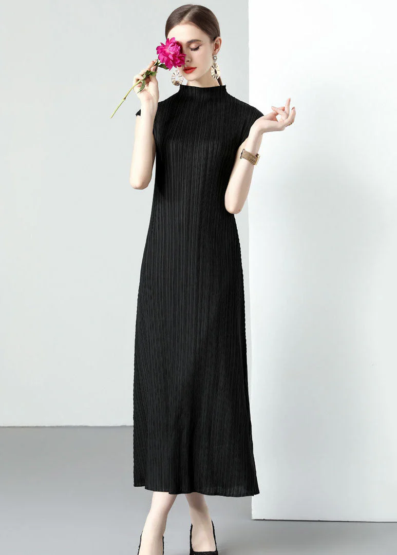 Simple Black Turtleneck Wrinkled Patchwork Chiffon Long Dresses Sleeveless - Image 4