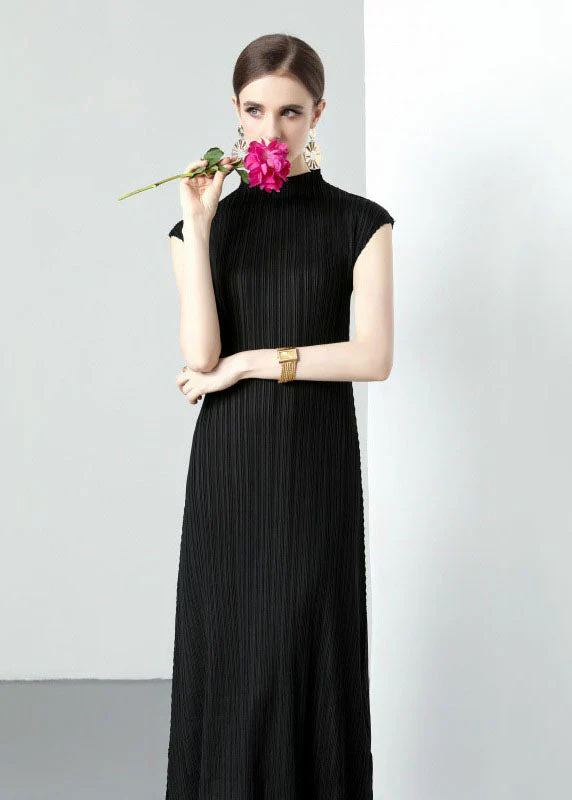 Simple Black Turtleneck Wrinkled Patchwork Chiffon Long Dresses Sleeveless - Image 5