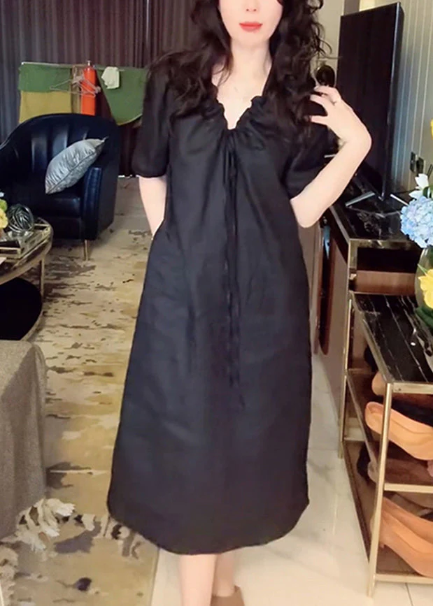 Simple Black V Neck Lace Up Pockets Linen Long Dress Summer