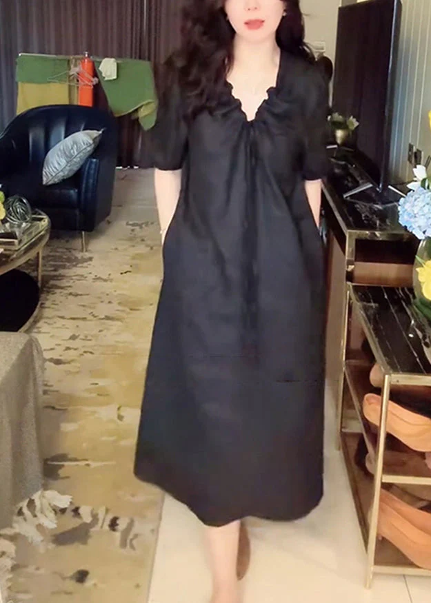 Simple Black V Neck Lace Up Pockets Linen Long Dress Summer - Image 2