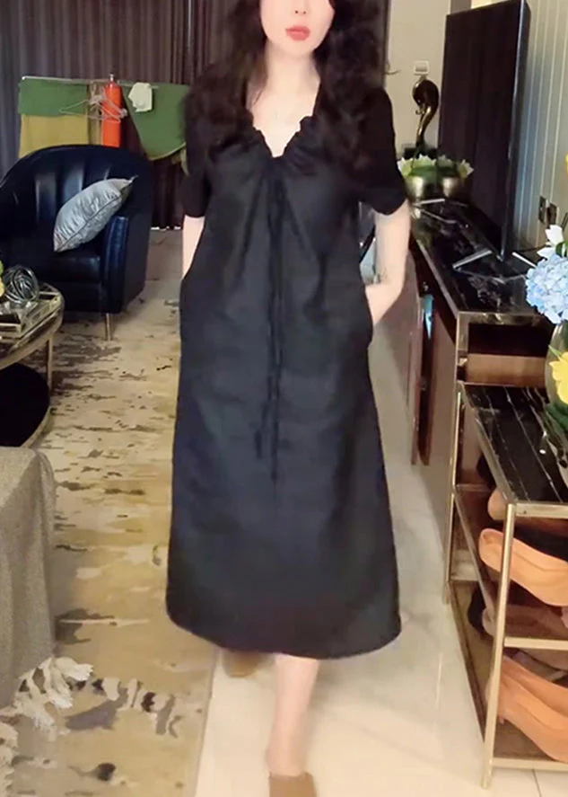 Simple Black V Neck Lace Up Pockets Linen Long Dress Summer - Image 3