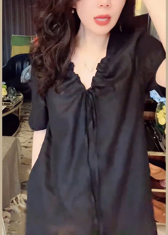 Simple Black V Neck Lace Up Pockets Linen Long Dress Summer - Image 4
