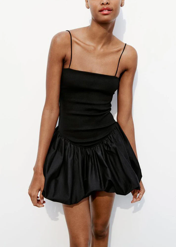 Simple Black Wrinkled High Waist Cotton Spaghetti Strap Dress Summer - Image 3
