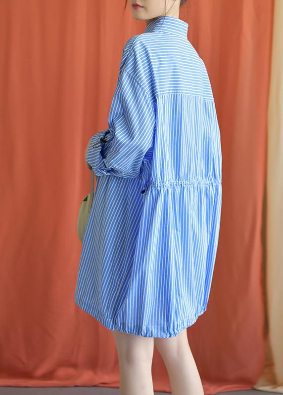 Simple blue Cotton dresses drawstring Knee fall Shirt Dresses - Image 4