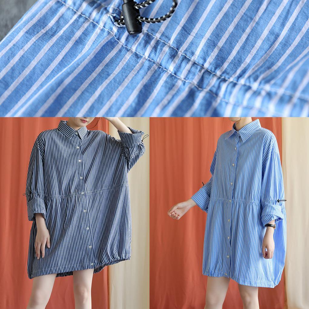 Simple blue Cotton dresses drawstring Knee fall Shirt Dresses - Image 5